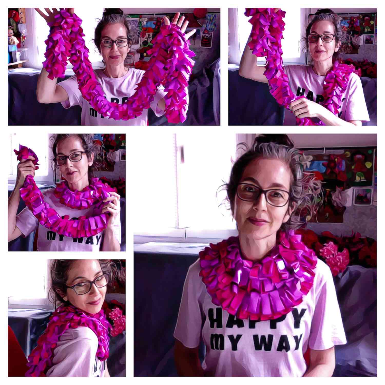 Alex Mitchell showing how to wear colorful and stylish soft lush fashion boa scarf in magenta, lilac, pink colors by Twinki-Winki.