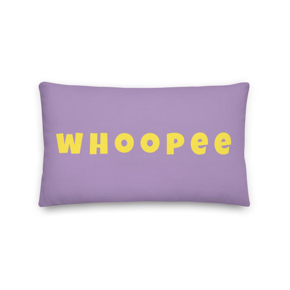 Vibrant, cheerful, and playful style accent pillow with a fun Whoopee slogan in yellow letters on violet background.
