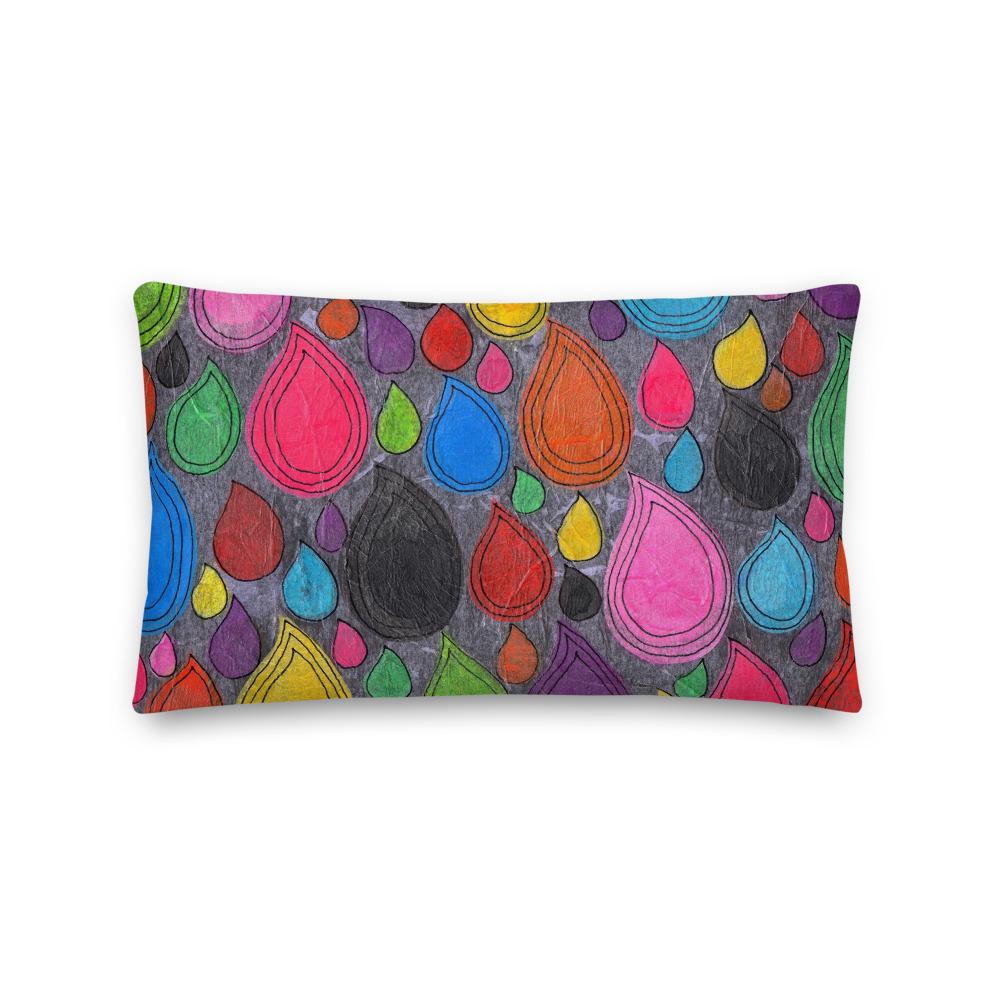 Vibrant, cheerful, and playful style accent pillow with a multicolor graphic Dripdrop print on the front.