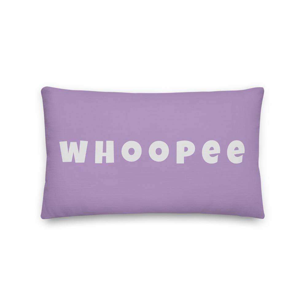 Vibrant, cheerful, and playful style accent pillow with a fun Whoopee slogan in platinum letters on violet background.