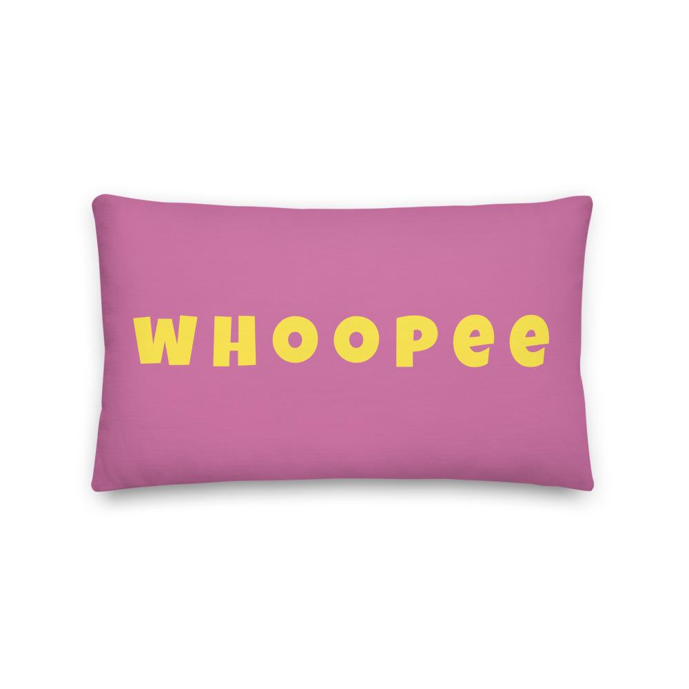 Vibrant, cheerful, and playful style accent pillow with a fun Whoopee slogan in yellow letters on a pink background.