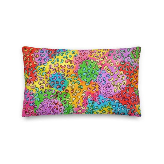 Vibrant, cheerful, and playful style accent pillow with a multicolor graphic Macaroni print on the front.