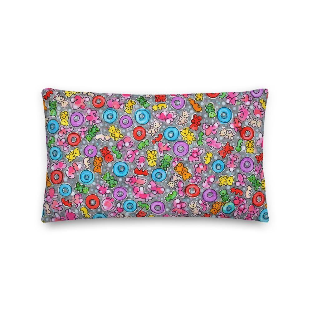 Vibrant, cheerful, and playful style accent pillow with a multicolor graphic Popcornfroops print on the front.