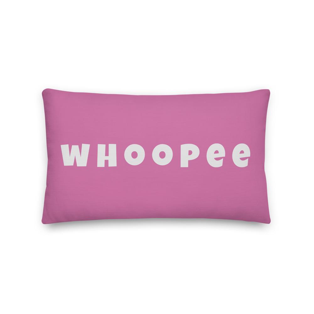 Vibrant, cheerful, and playful style accent pillow with a fun Whoopee slogan in platinum letters on pink background.